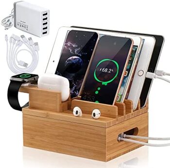 Pezin & Hulin Bamboo Charging Station for Multiple Devices (Included 5 Port USB Charger, 5 Pack
