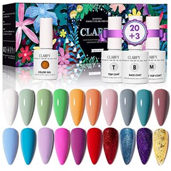 10ML Gel Nail Polish Kit, CLARFY 20+3 Summer Soak Off Nail Polish with Base Coat, Matte and Glossy Top Coat, Pink Blue White Gel Set for Nail Art, Salon, DIY Manicure, Gifts for Girl